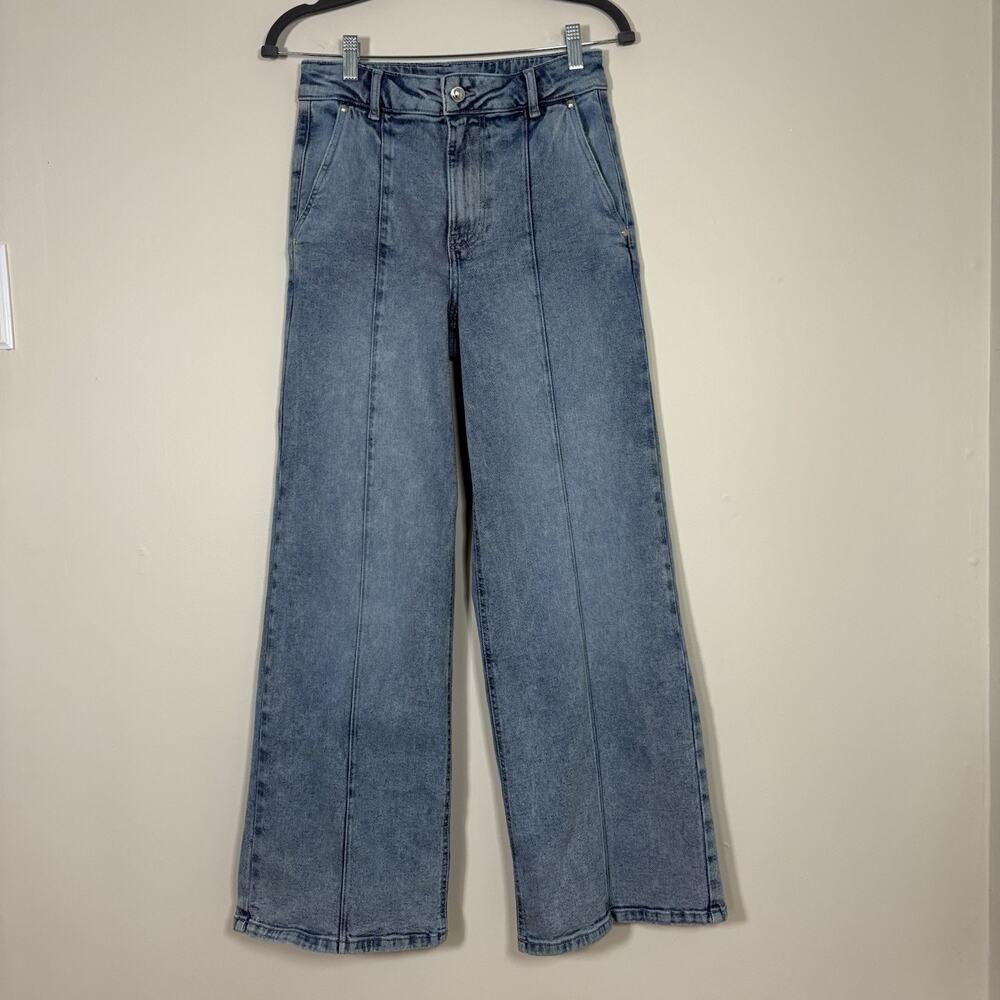 Michael Kors Pintucked Denim High Waisted Wide Leg Trouser Jeans Light Wash SZ 4